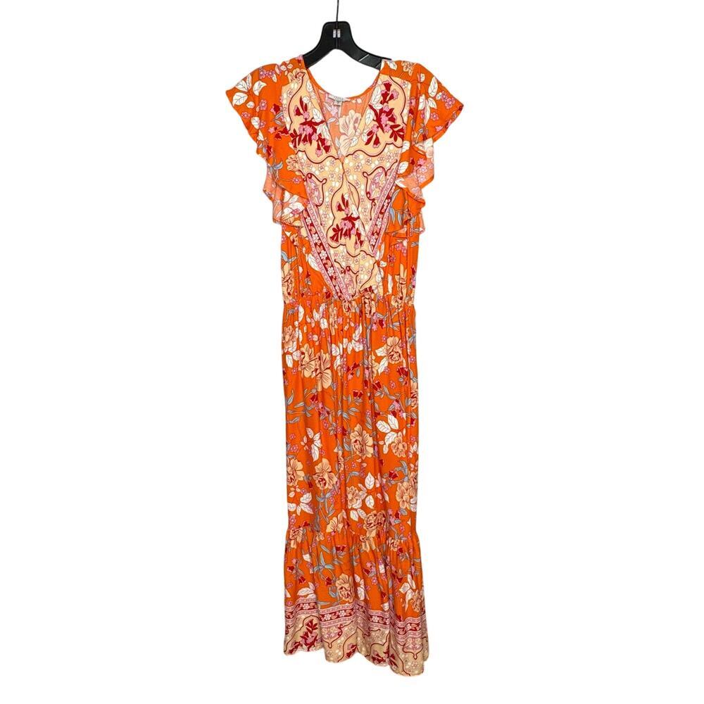 Venus X Lascana Flutter Sleeve Orange Floral A Line Fairy Boho Midi Dress Small